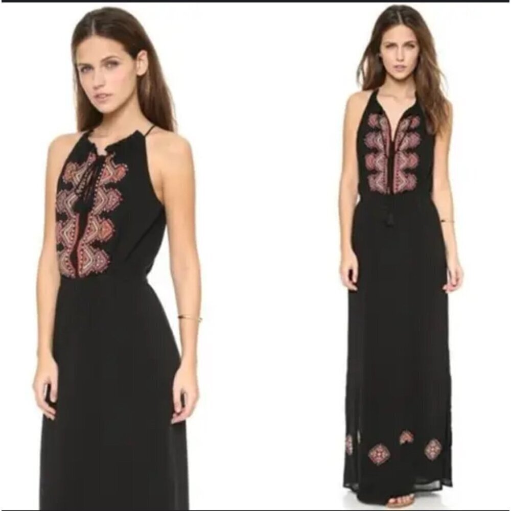 Madewell Women's Kilim Black Embroidered Beaded Maxi Dress Boho Cotton SZ 2